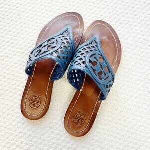 Torry Burch Blue Laser Cut Flat Sandals 8M